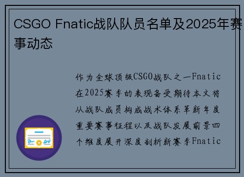 CSGO Fnatic战队队员名单及2025年赛事动态